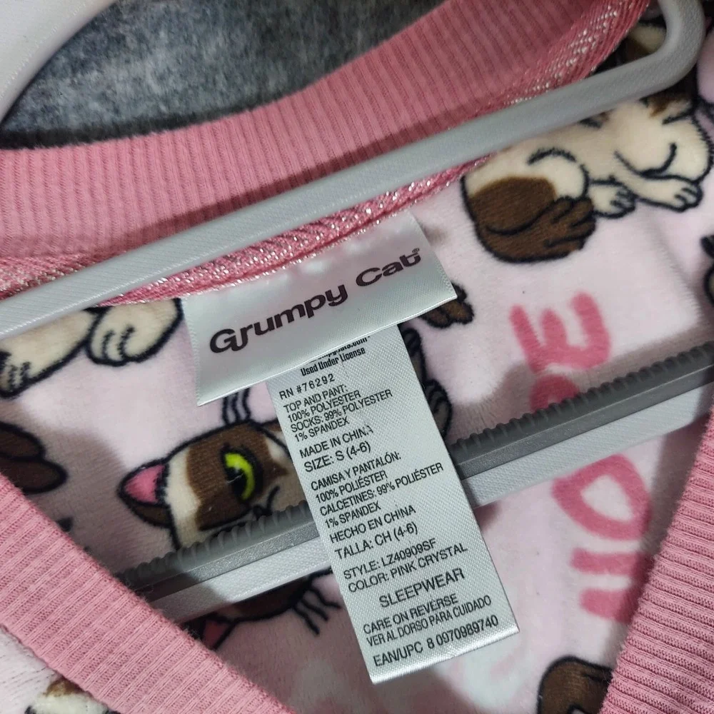 Grumpy Cat Pink Crystal Nope‎ Fleece Pajama Top Small S 4-6 Henley Long Sleeve